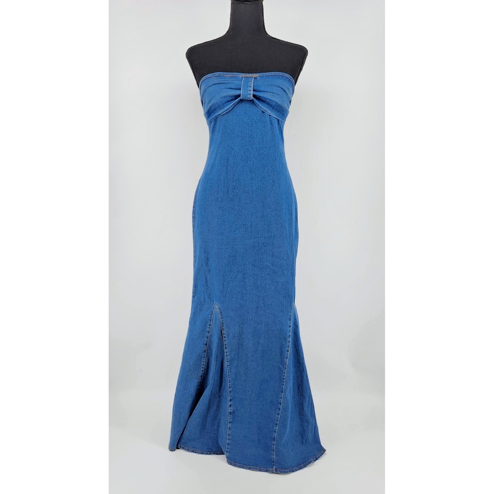 Strapless Denim Maxi Dress Blue Bow Front Mermaid Hem Gown Medium Wash Y2k 90s